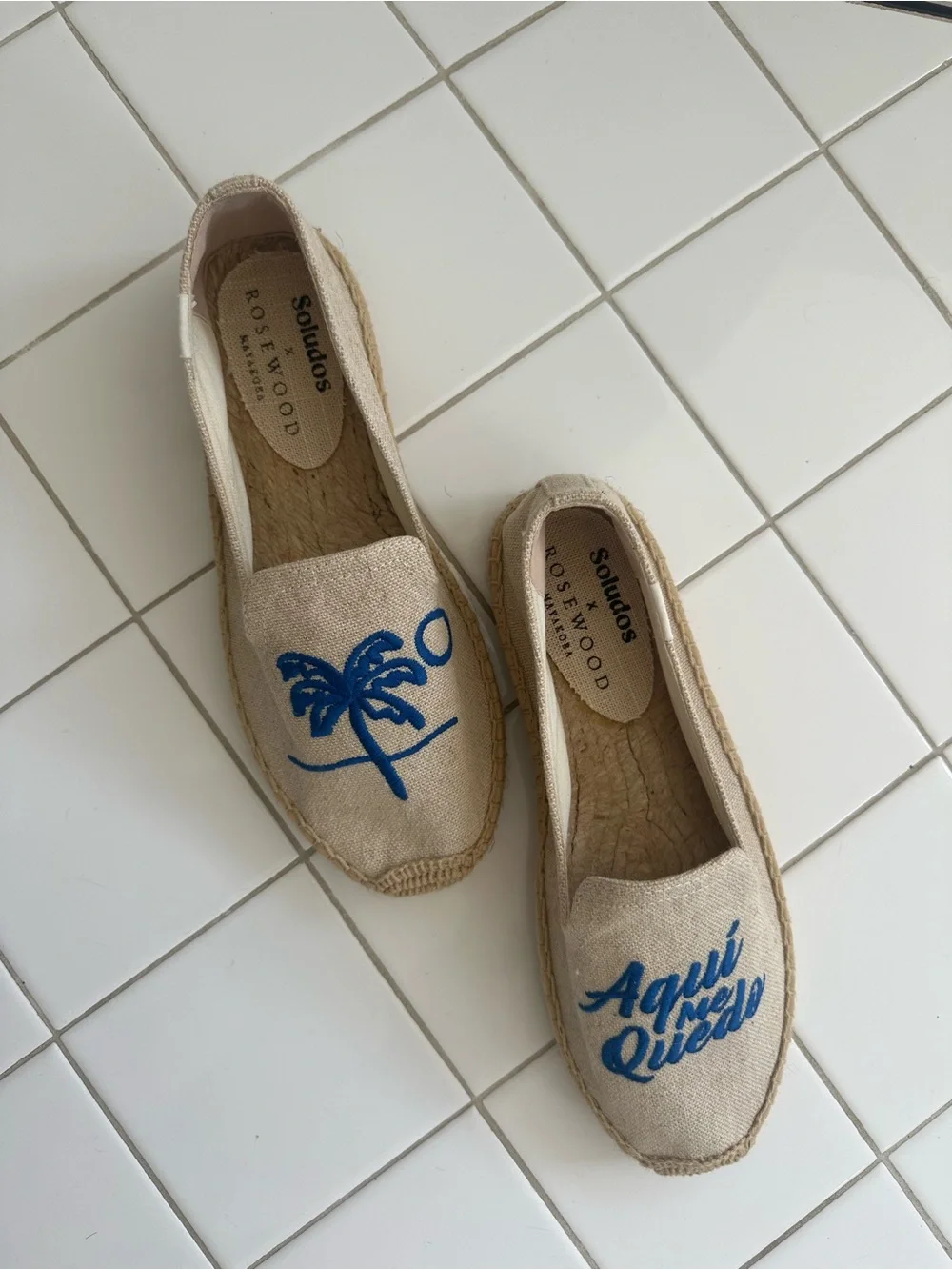 Soludos Natural Canvas Kids Moccasins with Blue Embroidery